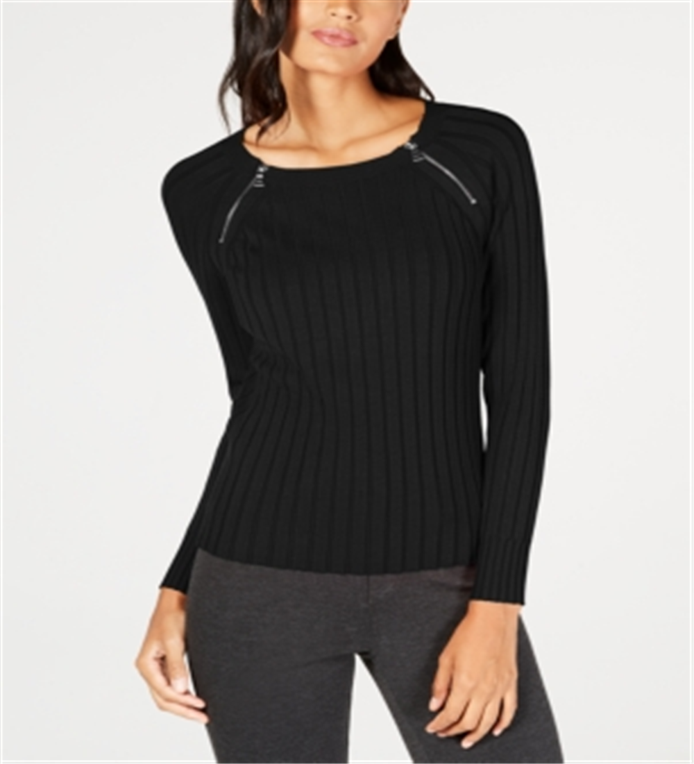 INC International Concepts Women's Zip Detail Ribbed Sweater Black Size Petite XL