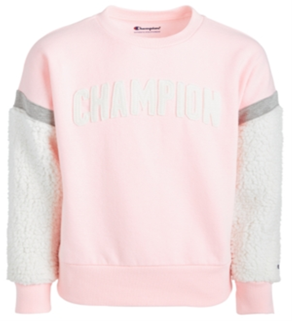 Champion Little Girl's Logo Print Sweatshirt with Faux Sherpa Trim Pink Size 6