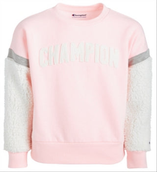 Champion Little Girl's Logo Print Sweatshirt with Faux Sherpa Trim Pink Size 6