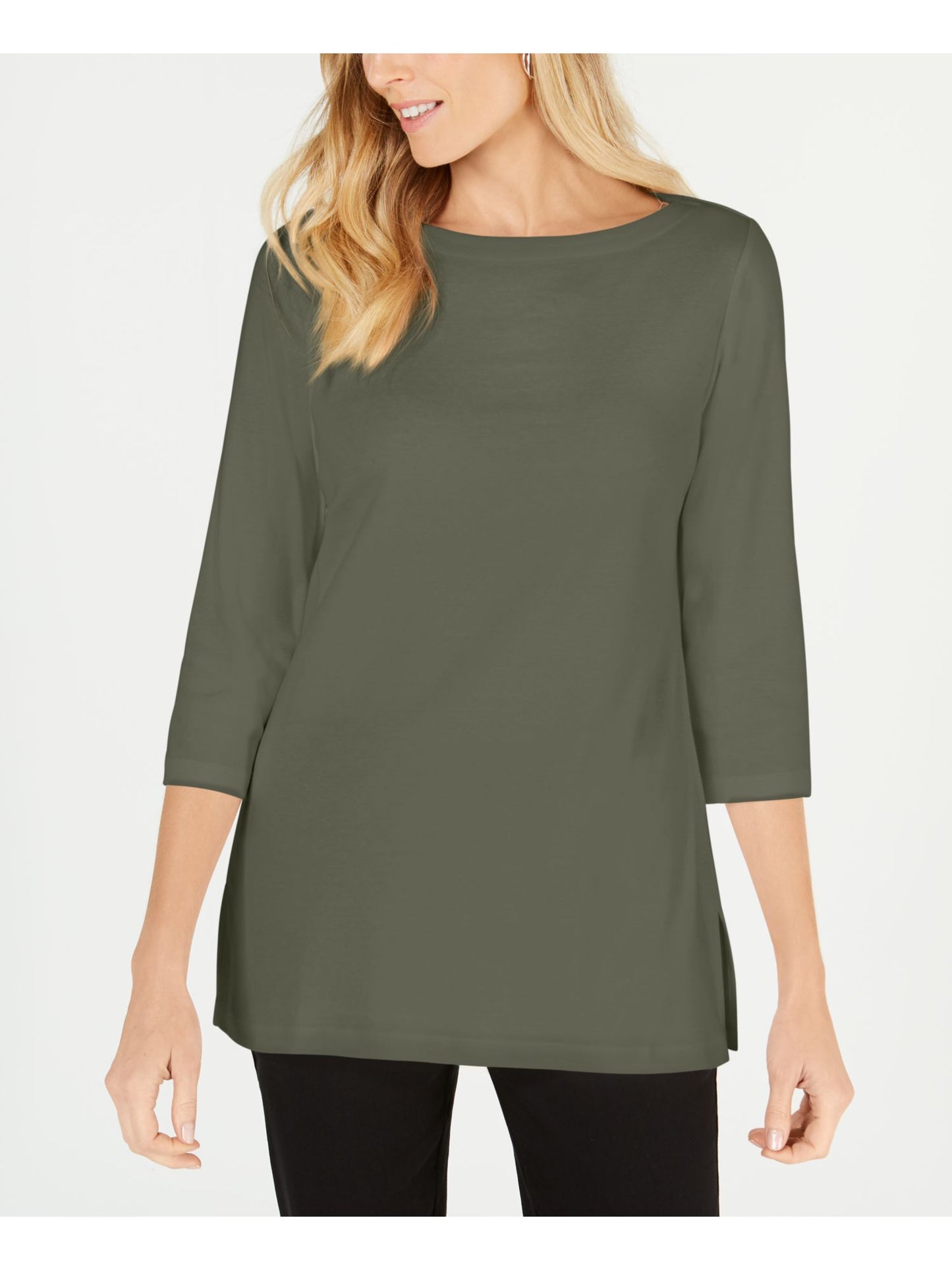 Karen Scott Women's Cotton Boat Neck 3/4 Sleeve Knit Top Green Size Small