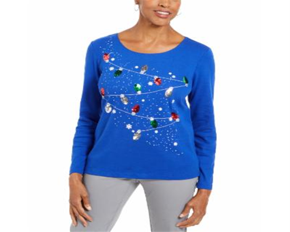 Karen Scott Women's Embellished Cotton Top Blue Size Small