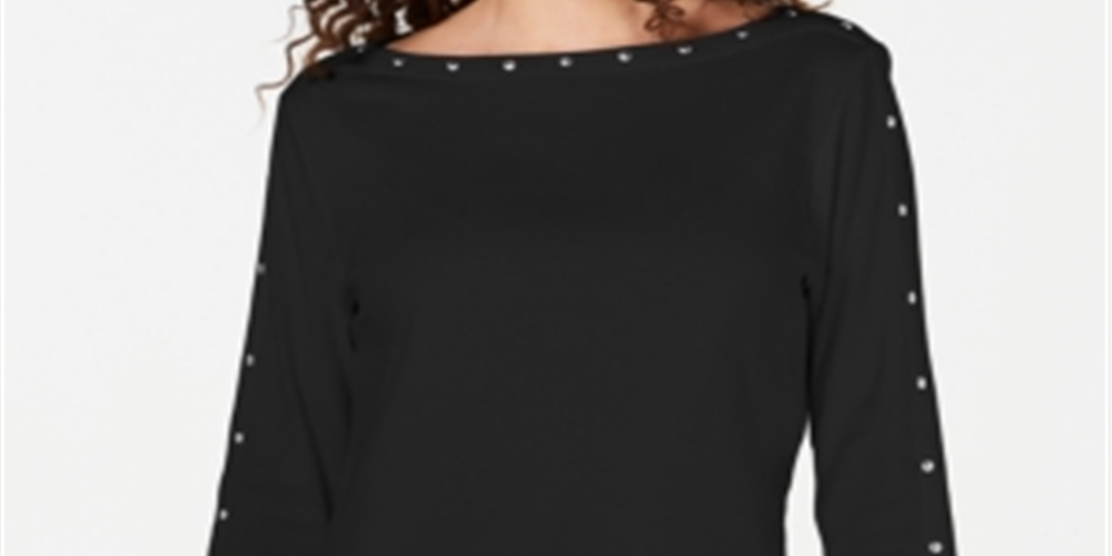 Karen Scott Women's Studded Boat Neck Cotton Top Black Size Petite Medium