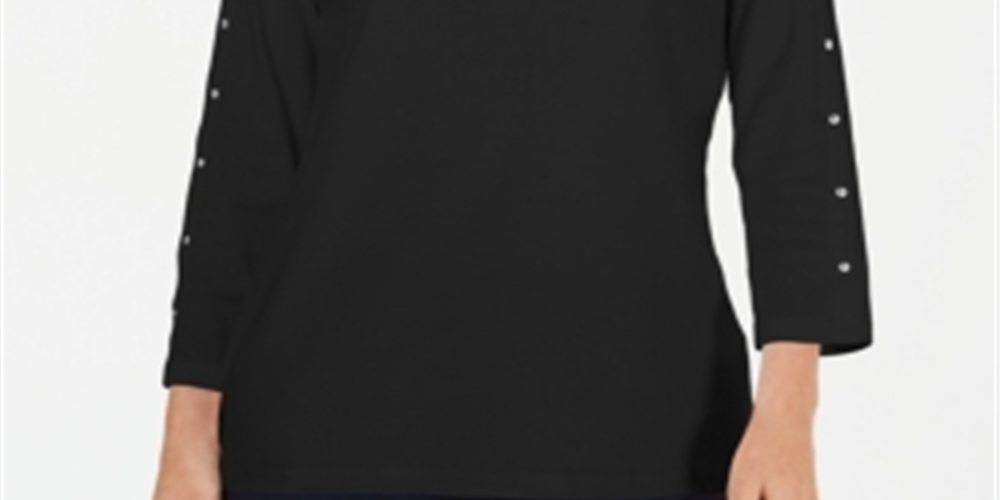 Karen Scott Women's Studded Boat Neck Cotton Top Black Size Petite Medium