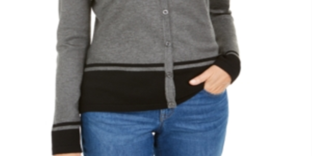 Karen Scott Women's Colorblocked Hem Cardigan Charcoal Size Petite S