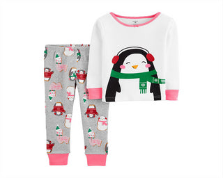 Carter's Girls' Sleep Bottoms Print Penguin Pajama Set White Size 5