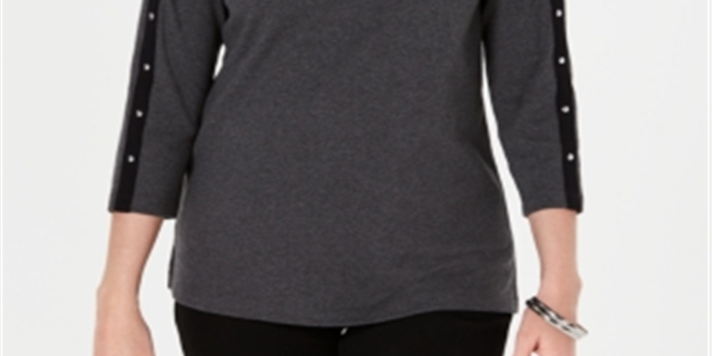 Karen Scott Women's Cotton Studded Boat Neck Top Navy Size Petite Medium