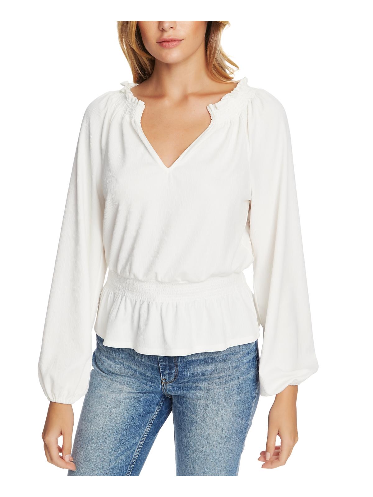 1.STATE Women's Knit Soft Smocked Trim Ruffle V Neck Top White Size X-Small