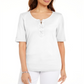 Karen Scott Women's Cotton Lace up Elbow Sleeve Top White Size Medium