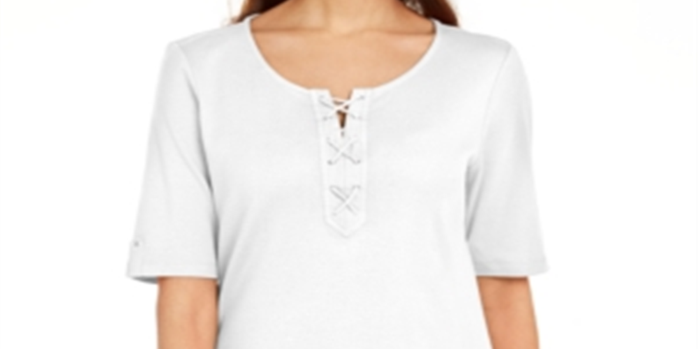 Karen Scott Women's Cotton Lace up Elbow Sleeve Top White Size Medium