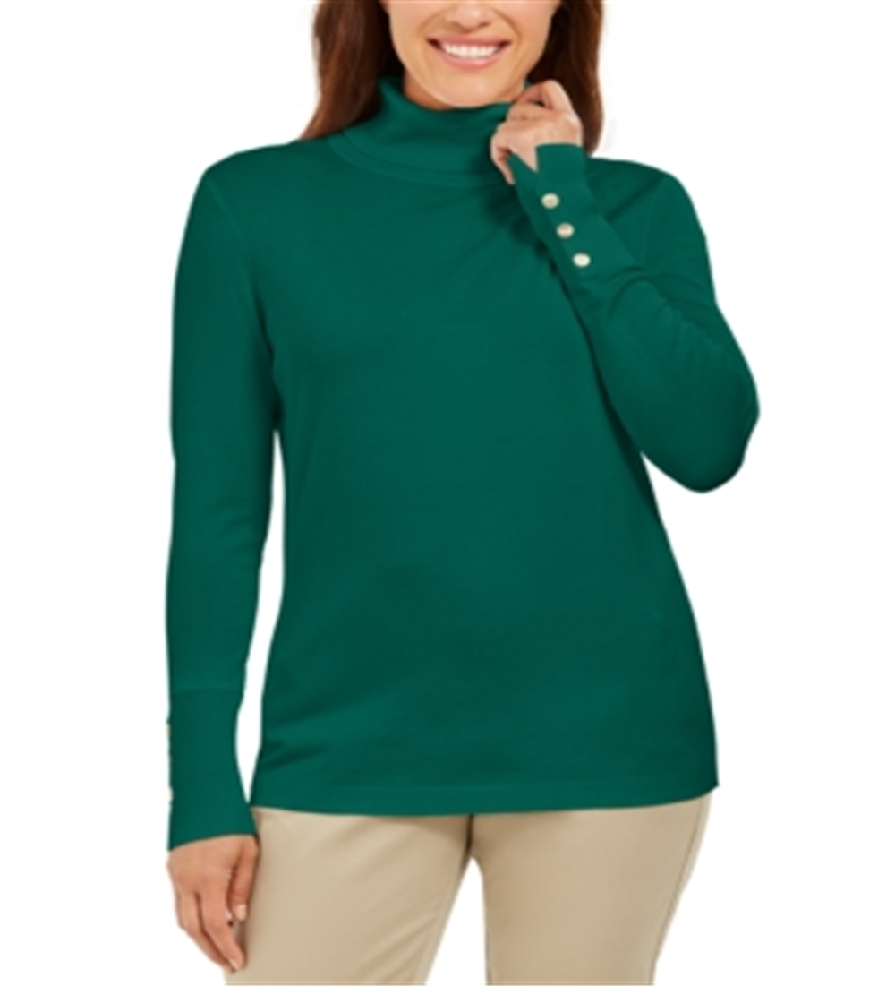 JM Collection Women's Stud Sleeve Pullover Turtleneck Sweater Green Size Medium