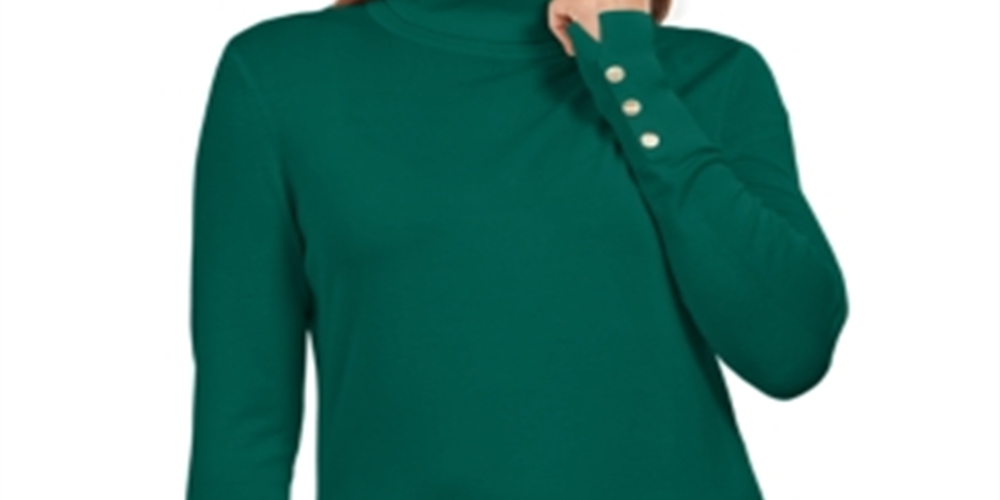 JM Collection Women's Stud Sleeve Pullover Turtleneck Sweater Green Size Medium