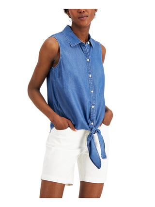 Charter Club Women's Tie hem Sleeveless Point Collar Top Blue Size 6