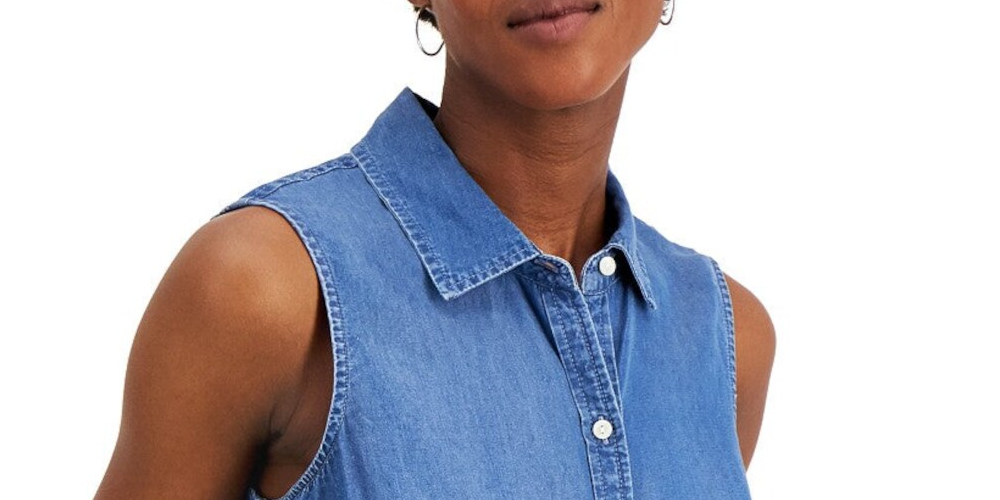 Charter Club Women's Tie hem Sleeveless Point Collar Top Blue Size 6