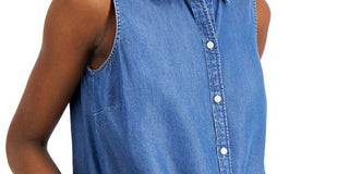 Charter Club Women's Tie hem Sleeveless Point Collar Top Blue Size 6