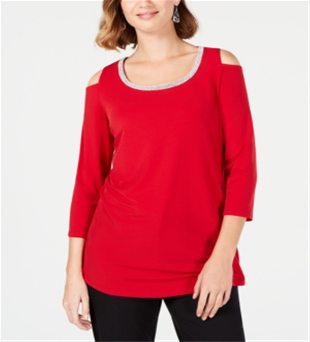 JM Collection Women's Embellished Cold Shoulder Top Red Size Petite S