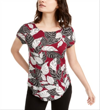 Alfani Women's Printed T-Shirt Wine- White Leaf Size Small
