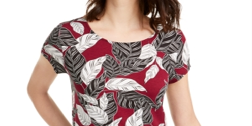 Alfani Women's Printed T-Shirt Wine- White Leaf Size Small