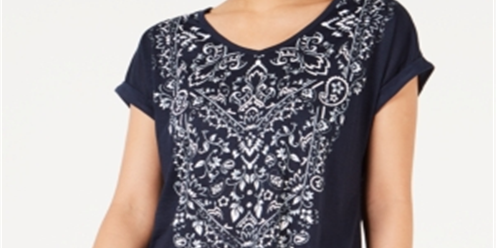 Style & Co Women's Graphic Print V Neck Top Blue Size X-Small