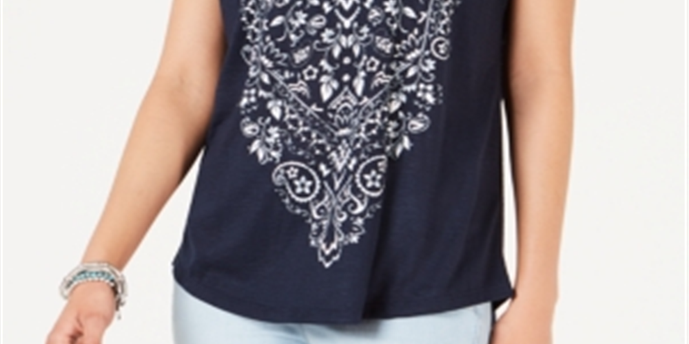 Style & Co Women's Graphic Print V Neck Top Blue Size X-Small