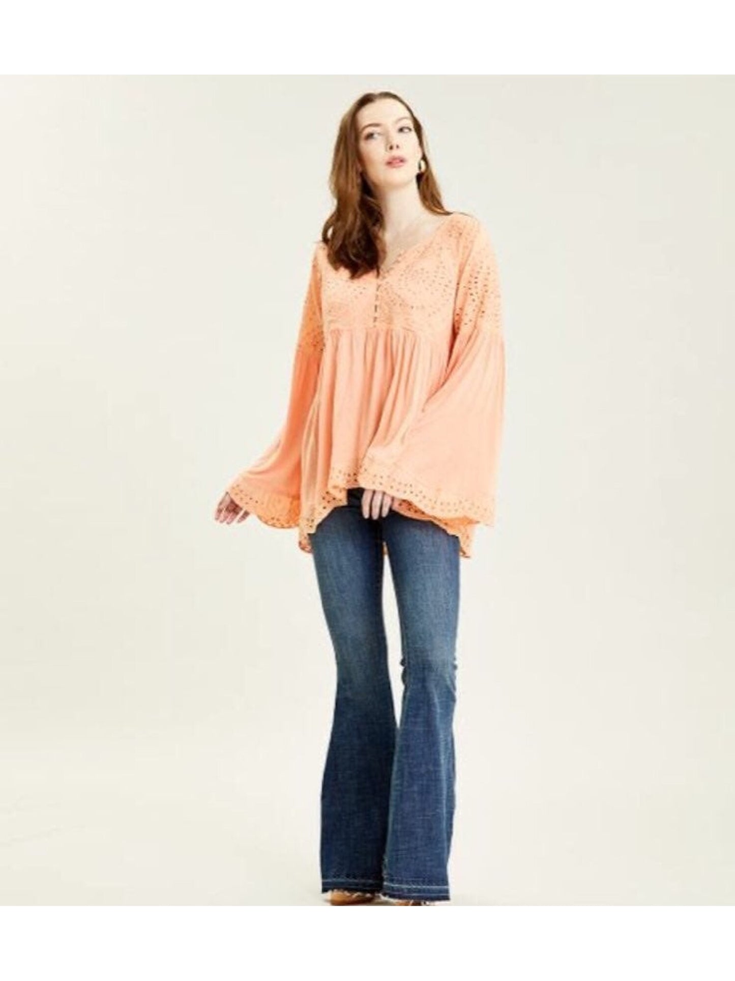 Free People Women's Blouses Sun Blush Eyelet Sea of Love Bell Sleeve Top Blush Size Large