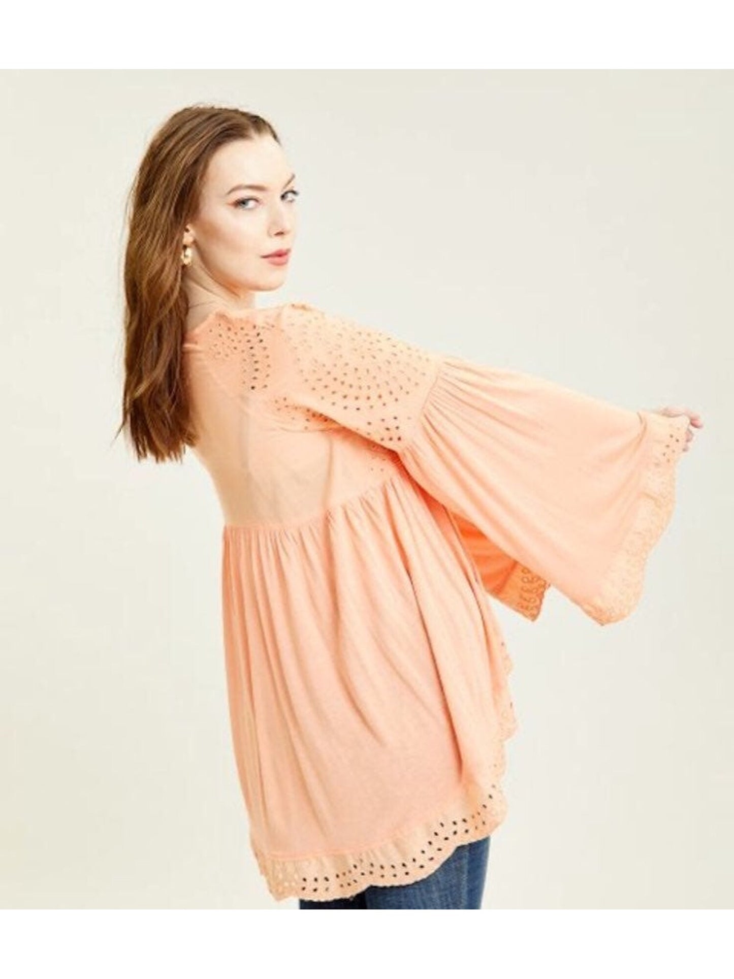 Free People Women's Blouses Sun Blush Eyelet Sea of Love Bell Sleeve Top Blush Size Large