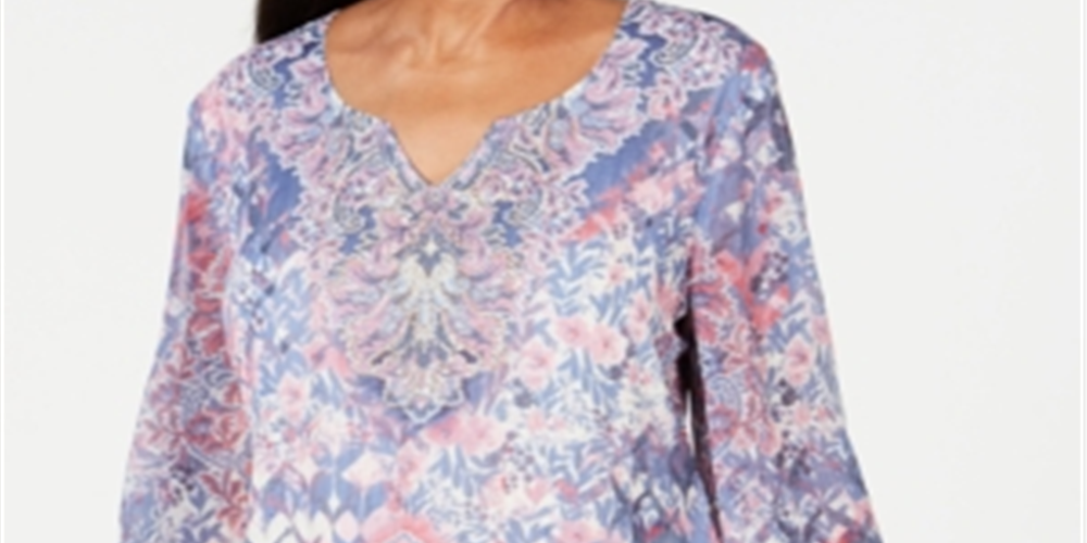 JM Collection Women's Embellished Angel Sleeve Top Blue Size Small