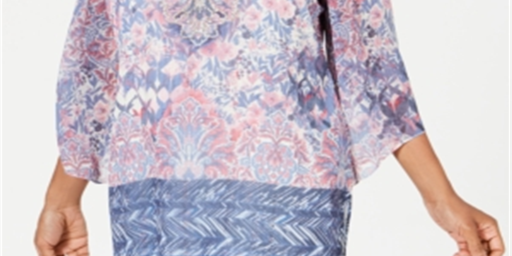 JM Collection Women's Embellished Angel Sleeve Top Blue Size Small