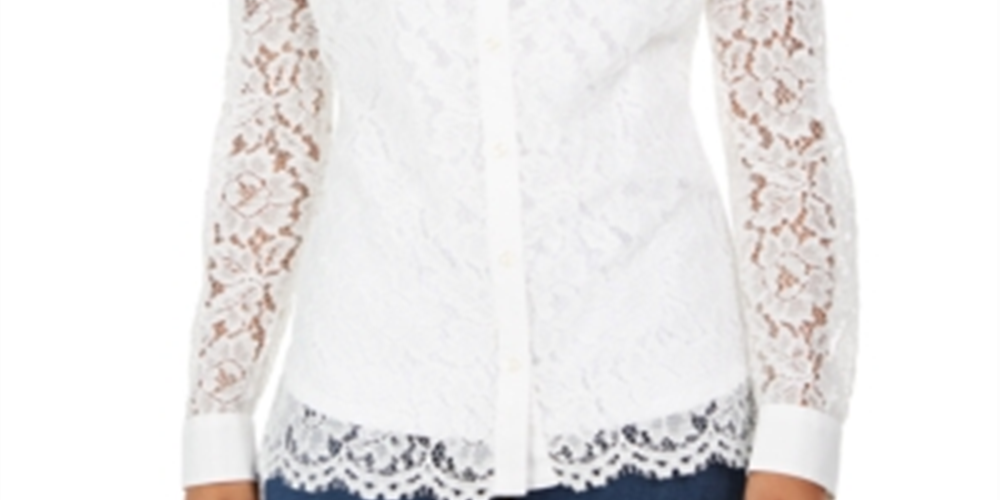 Charter Club Women's Lace Button Up Shirt White Size Medium