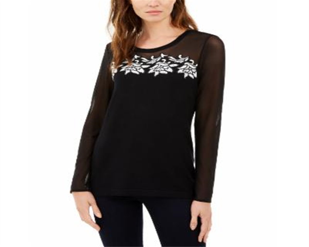 INC International Concepts Women's Lace Trim Illusion Sweater Black Size X-Small