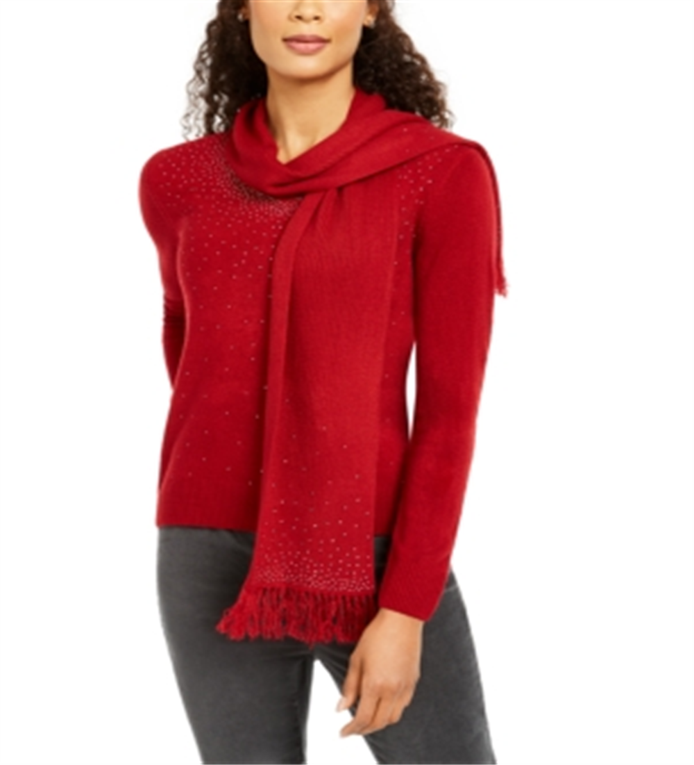 Karen Scott Women's Embellished Sweater & Scarf Red Size Petite L