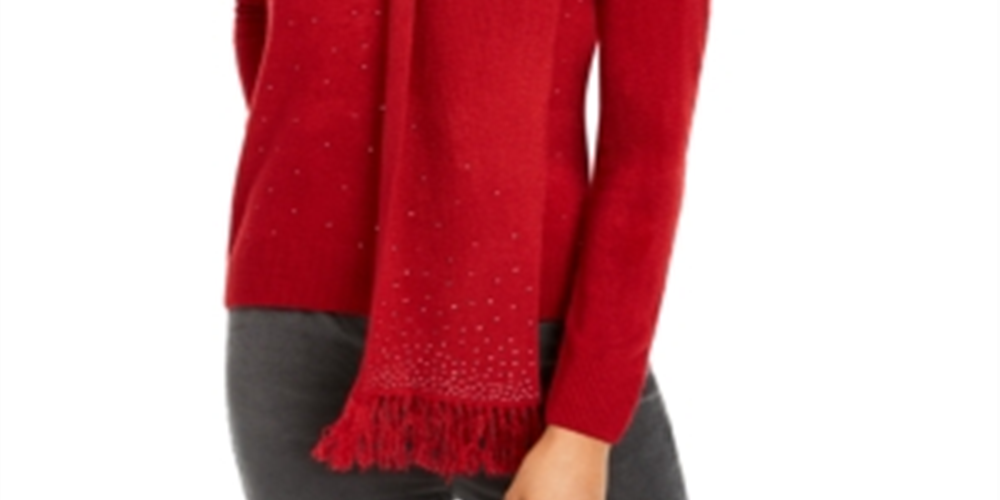 Karen Scott Women's Embellished Sweater & Scarf Red Size Petite L