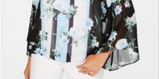 Alfani Women's Printed Angel Sleeve Blouse Blue Size Petite L