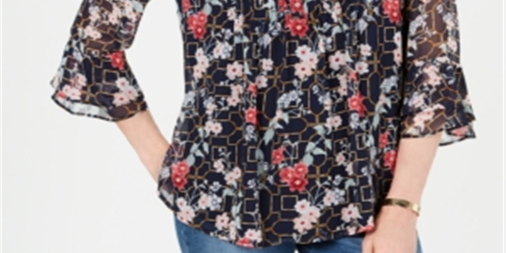 Charter Club Women's Floral Pintuck Top Blue Size XX-Large