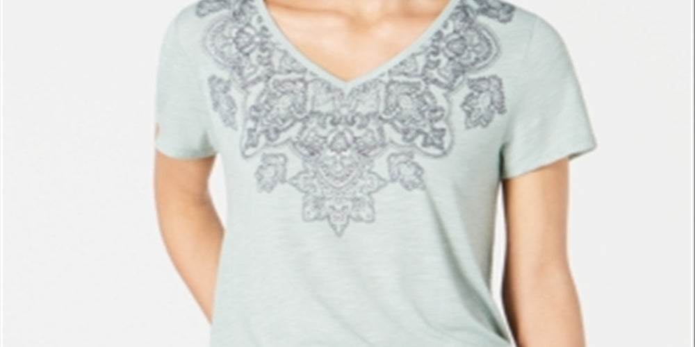 Style & Co Women's Printed V Neck T-Shirt Green Size Small
