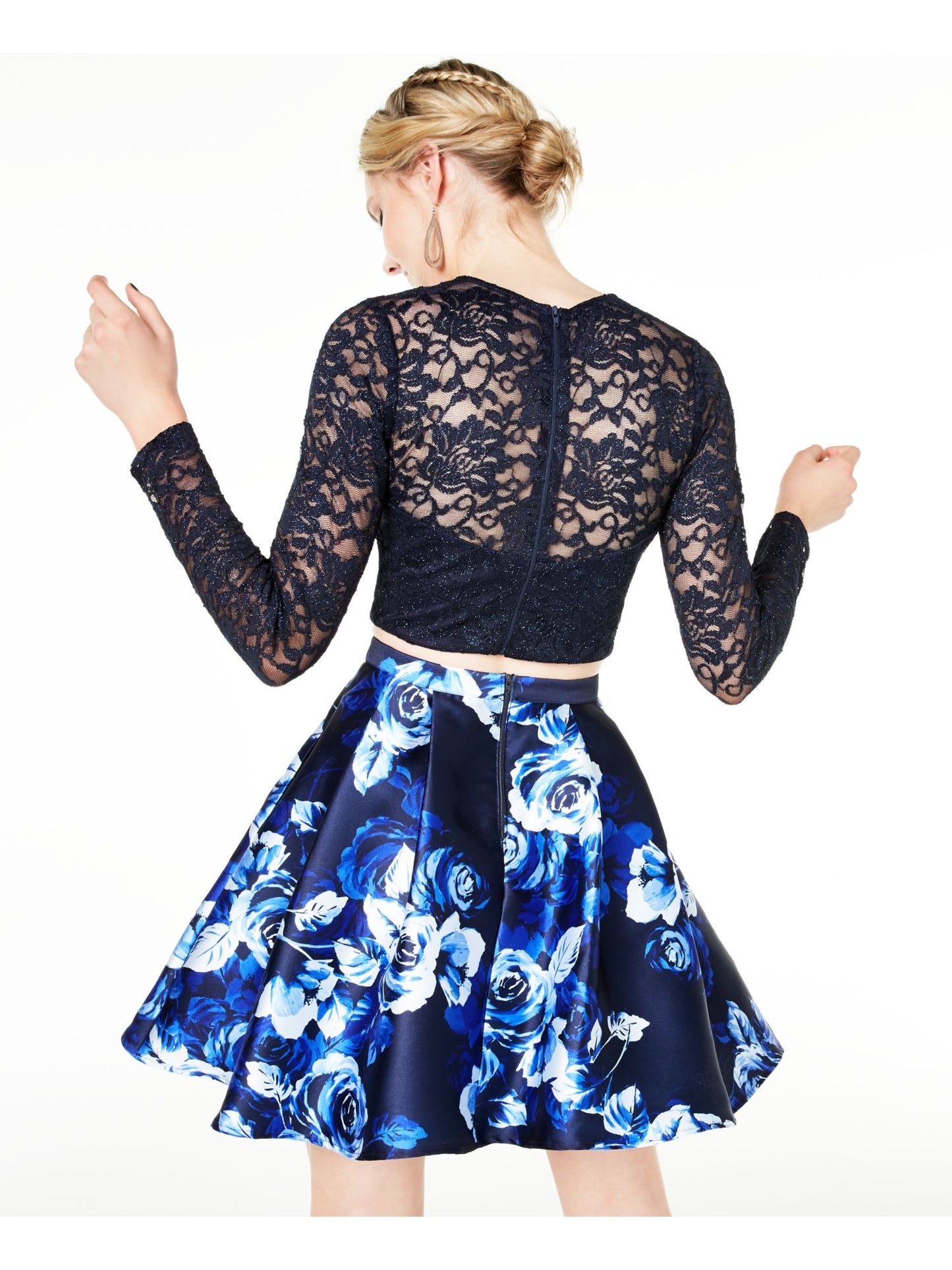 Sequin Hearts Women's Lace Floral Long Sleeve Jewel Neck Prom Crop Top Blue Size 15