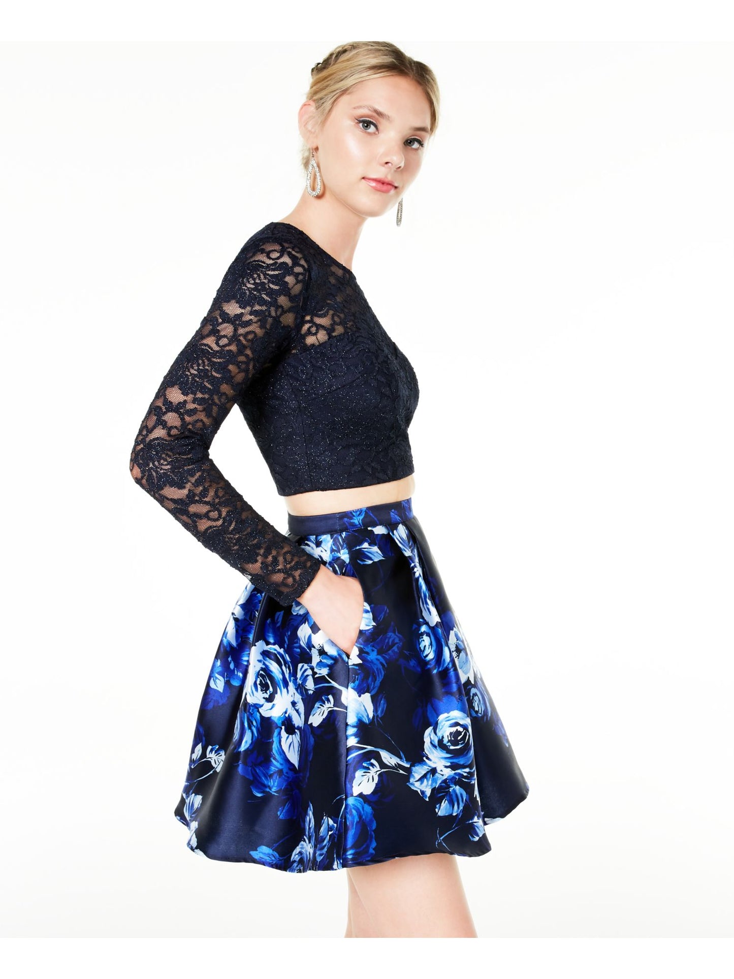 Sequin Hearts Women's Lace Floral Long Sleeve Jewel Neck Prom Crop Top Blue Size 15