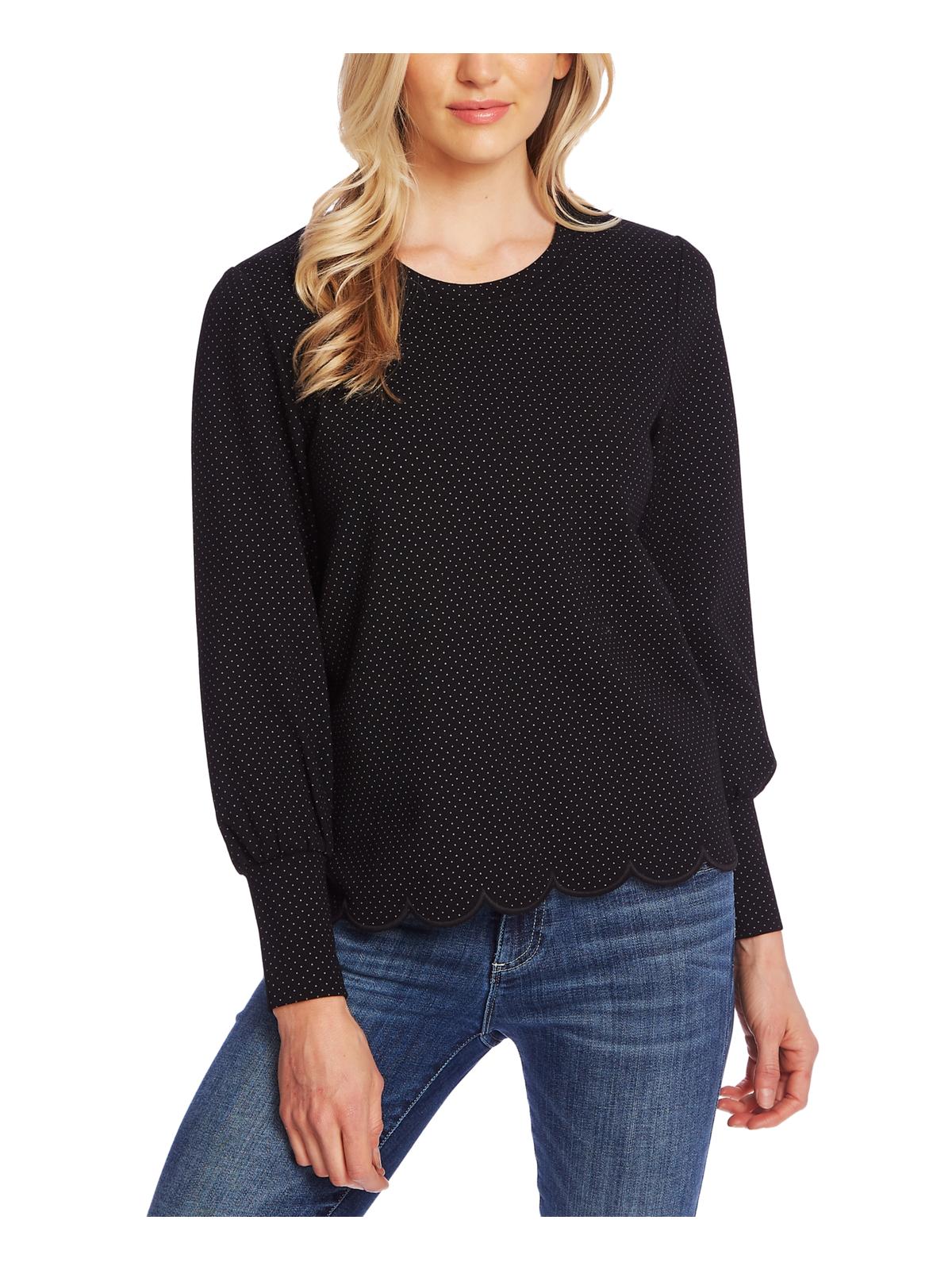 CeCe Women's Long Sleeve Pindot Scalloped Edge Top Black Size S