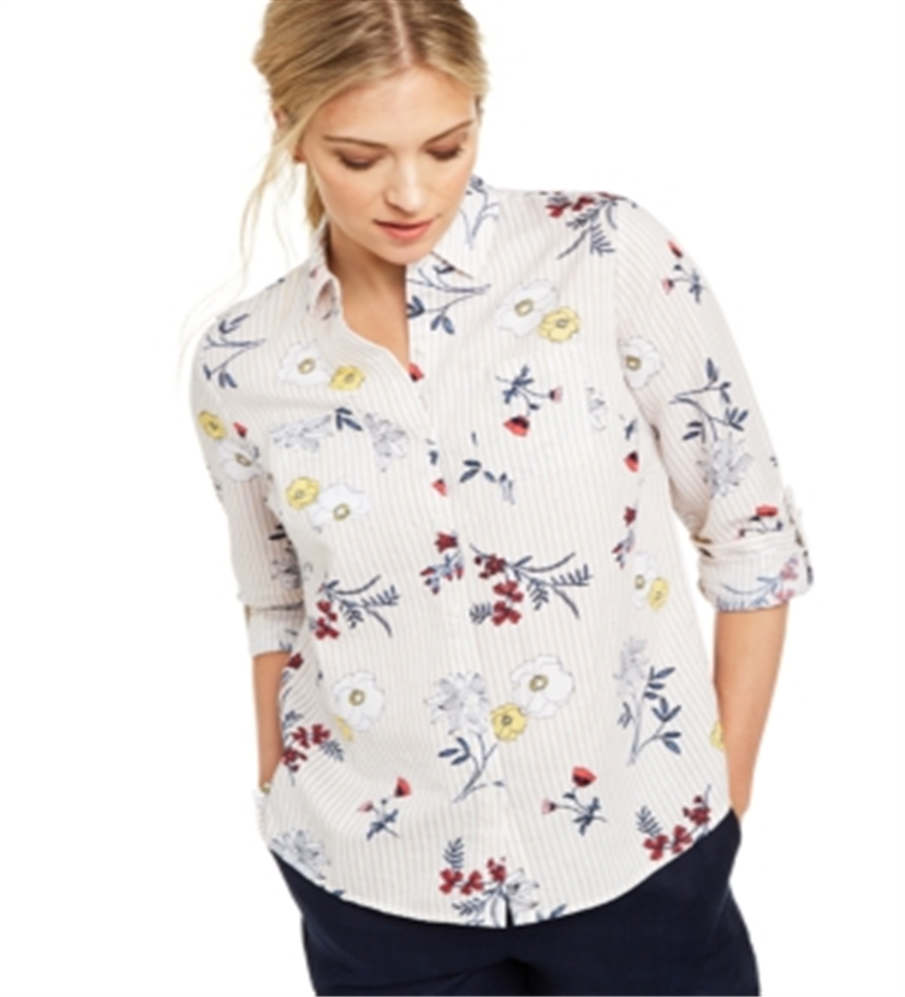 Charter Club Women's Floral Print Button Down Linen Shirt White Combo Size Small