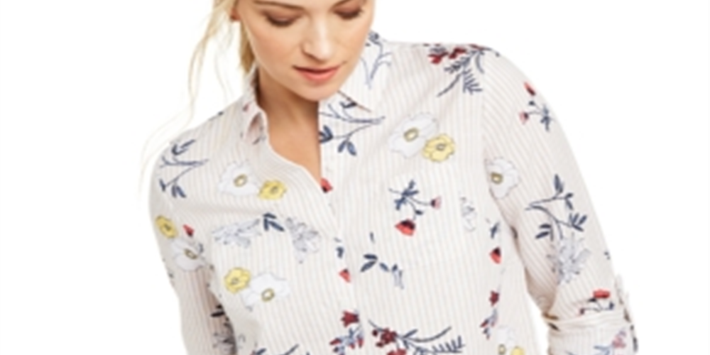 Charter Club Women's Floral Print Button Down Linen Shirt White Combo Size Small