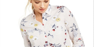 Charter Club Women's Floral Print Button Down Linen Shirt White Combo Size Small