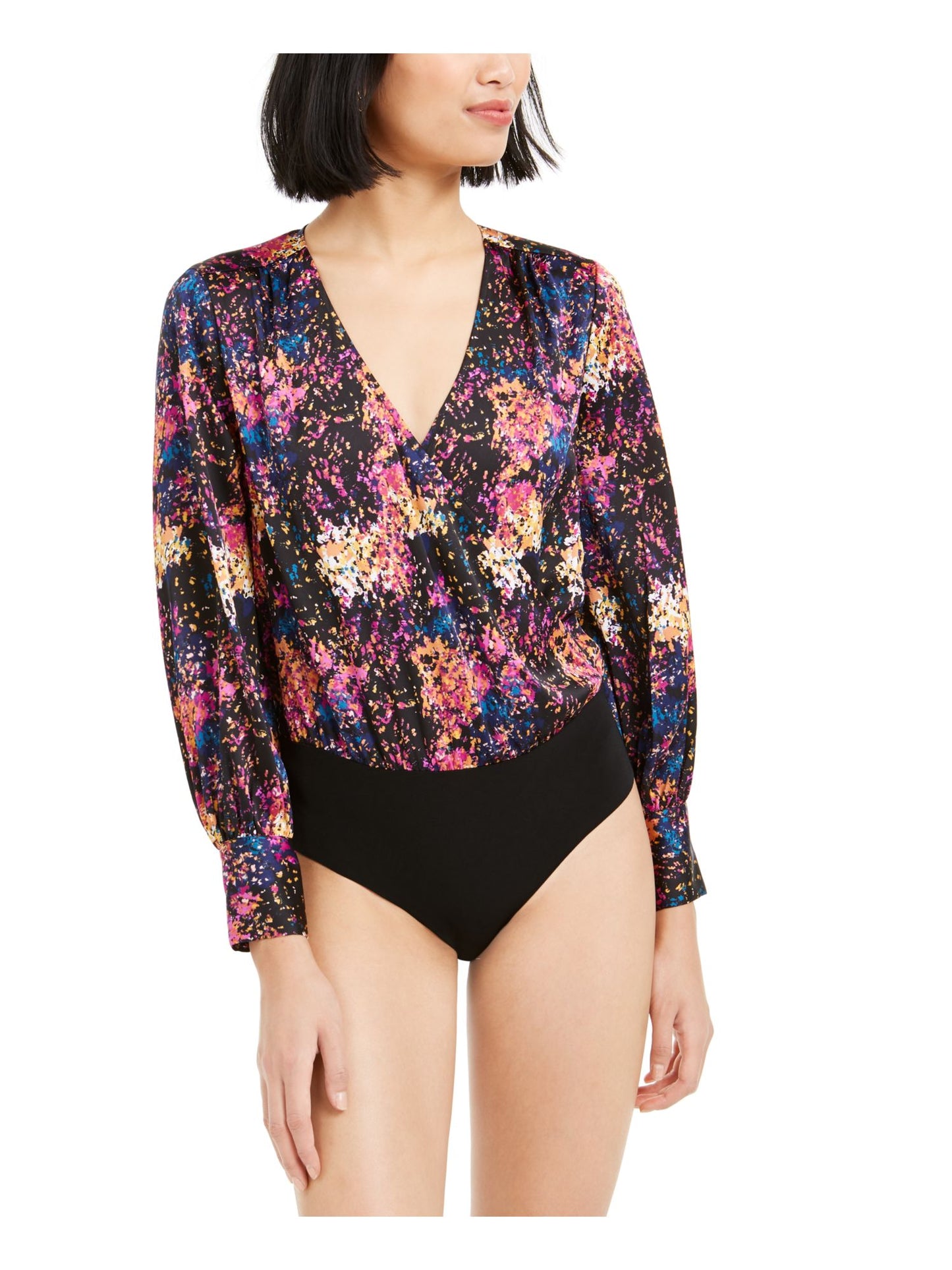 Bar III Women's Faux Wrap Printed Bodysuit Black Size X-Small