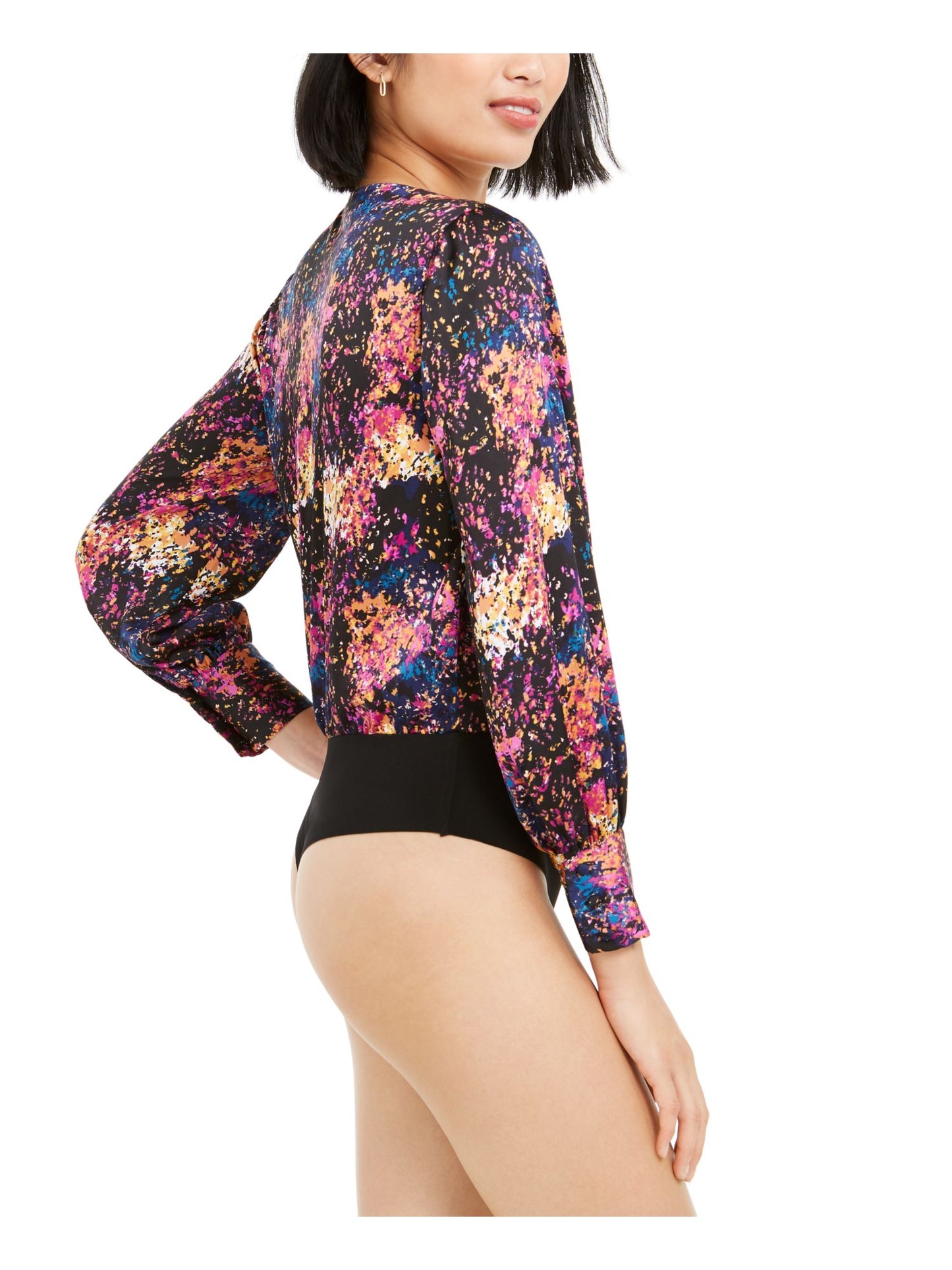 Bar III Women's Faux Wrap Printed Bodysuit Black Size X-Small