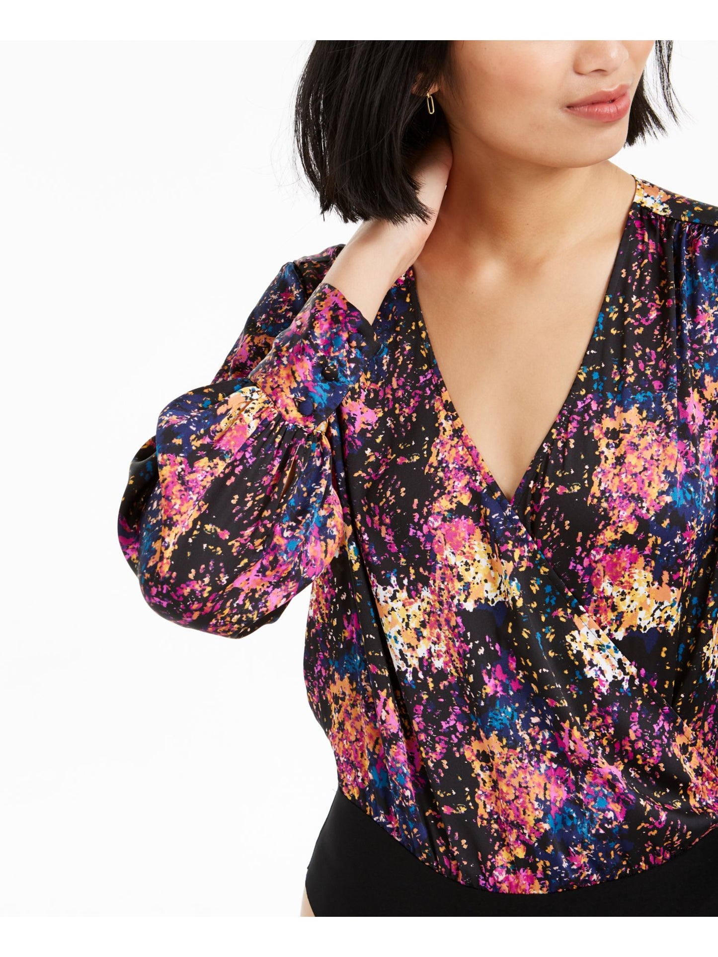 Bar III Women's Faux Wrap Printed Bodysuit Black Size X-Small