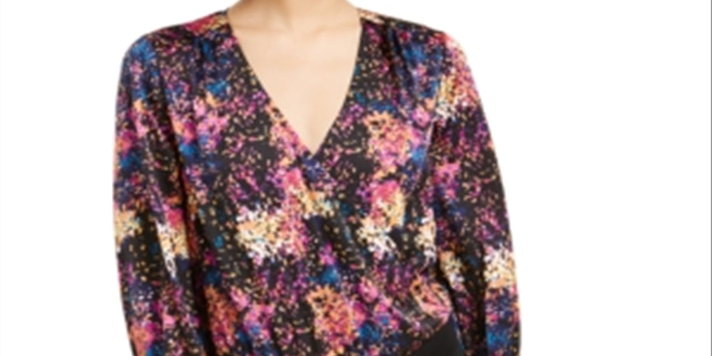 Bar III Women's Faux Wrap Printed Bodysuit Black Size X-Small