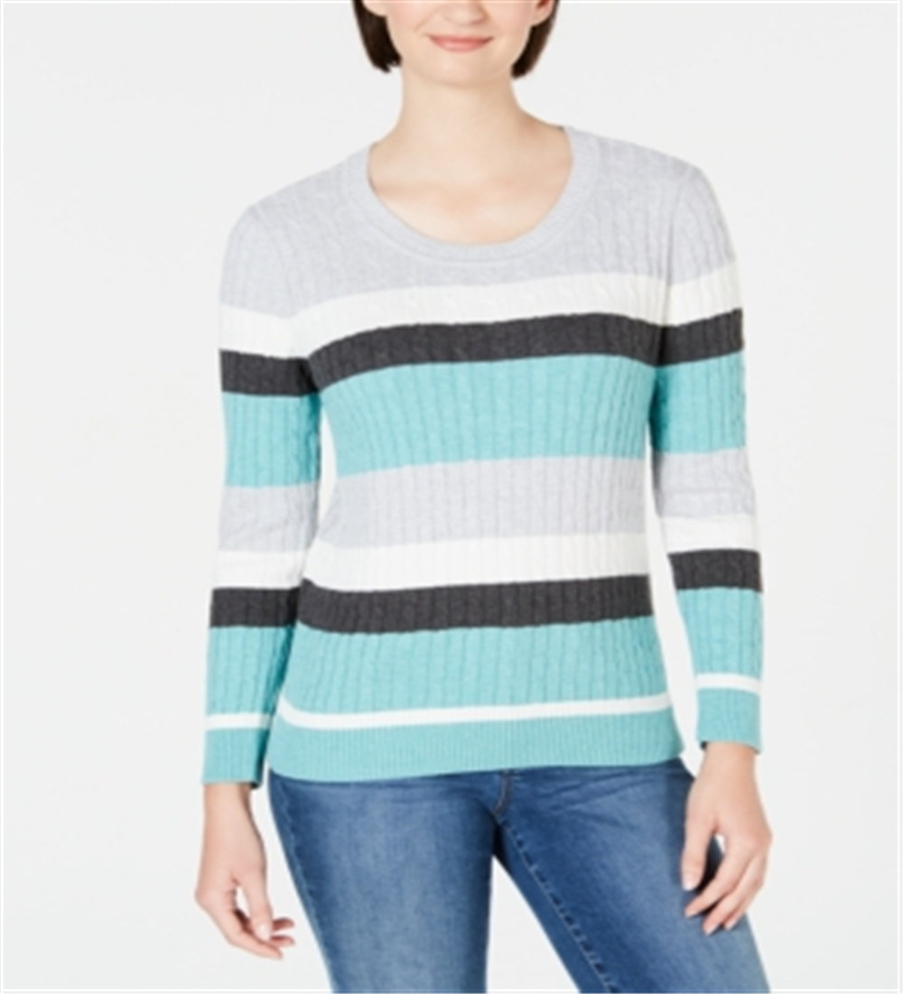 Karen Scott Women's Veronica Striped Cotton Cable Sweater Blue Size X-Small