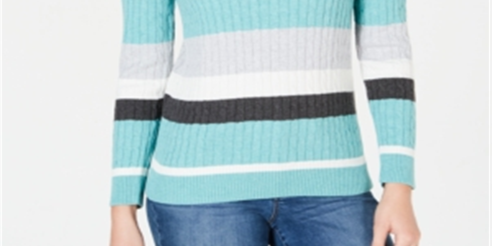 Karen Scott Women's Veronica Striped Cotton Cable Sweater Blue Size X-Small