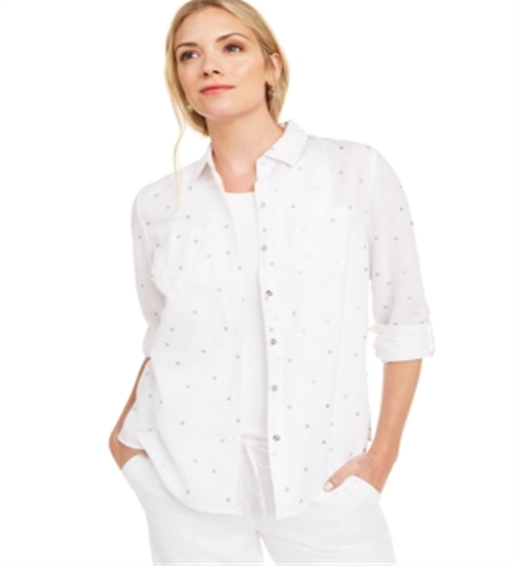 Charter Club Women's Foil Dot Linen Top White Size X-Large