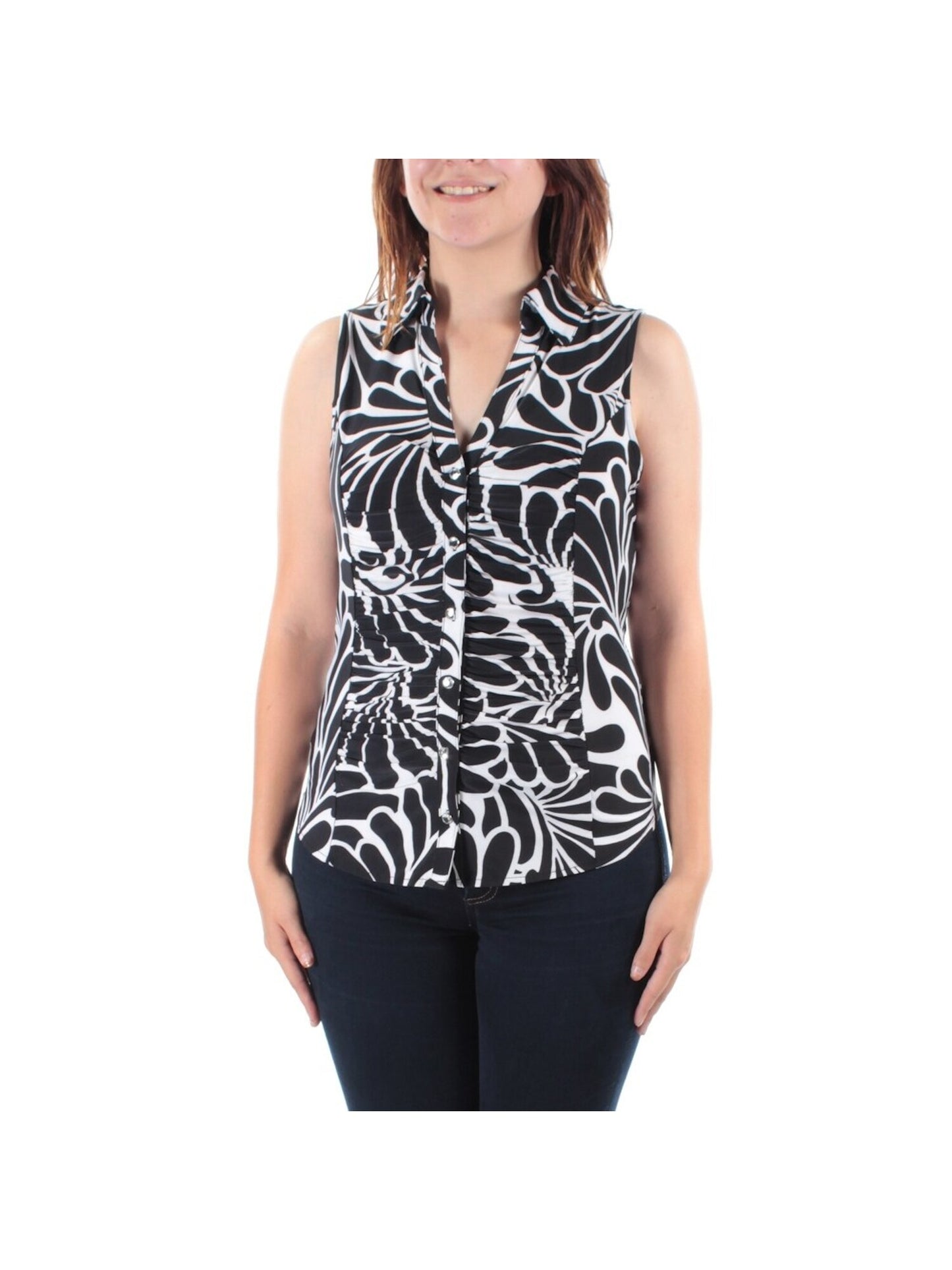 INC International Concepts Women's Gathered Animal Print Sleeveless Collared Button up Top Black Size Small