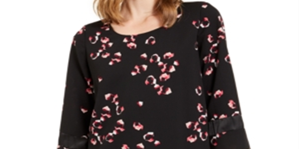 Alfani Women's Printed 3/4 Sleeve Jewel Neck Tunic Top Black Size Petite X-Large