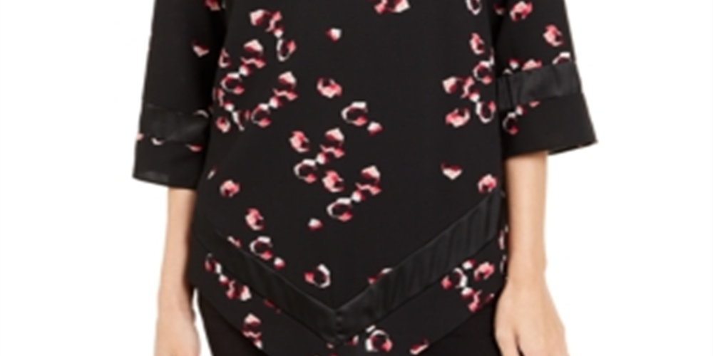 Alfani Women's Printed 3/4 Sleeve Jewel Neck Tunic Top Black Size Petite X-Large